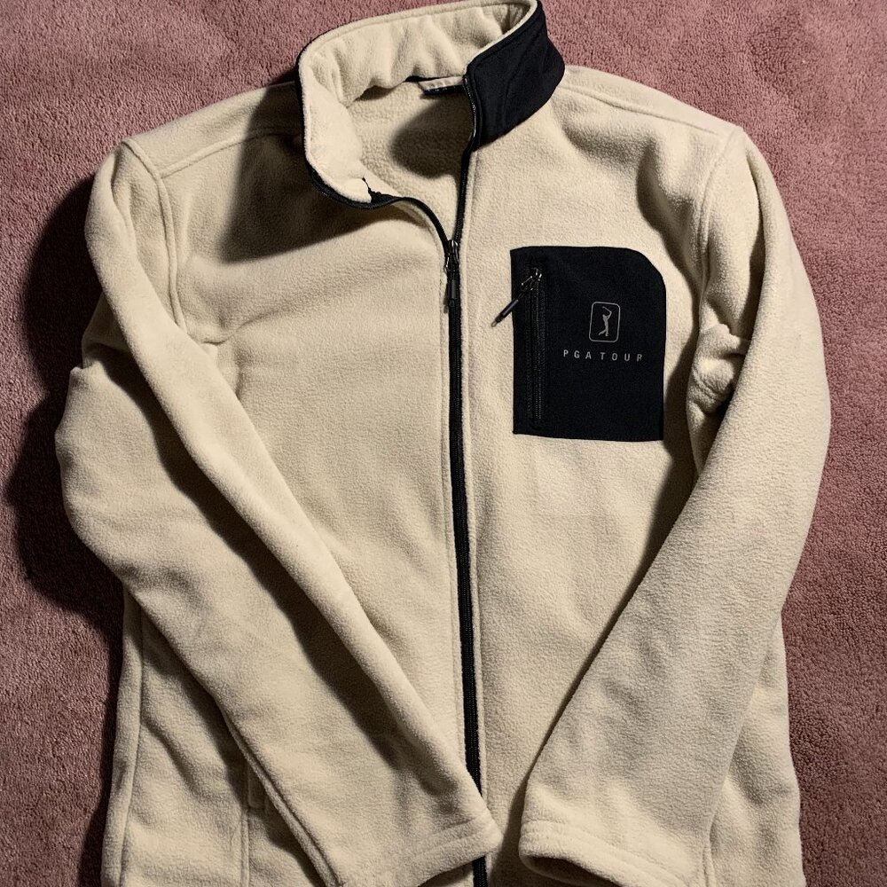 PGA TOUR Mens Full Zip Fleece Jacket Cream Black Medium Golf Layering